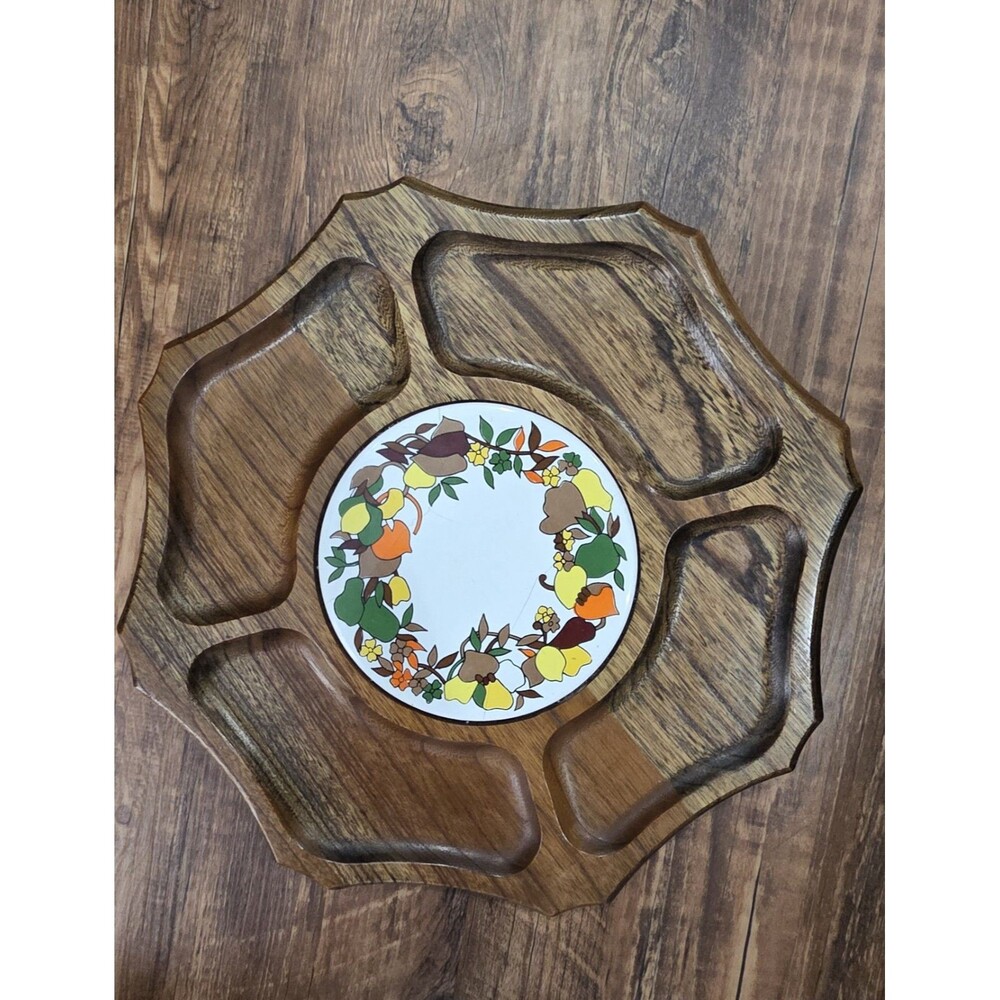Vintage 70s Wooden Lazy Susan Snack Tray Mid Century Divided Serving Platter